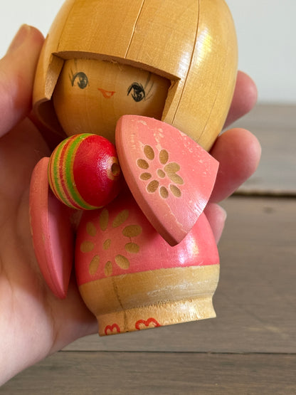 Japanese Wood Doll in Pink Kimono - Kokeshi Doll