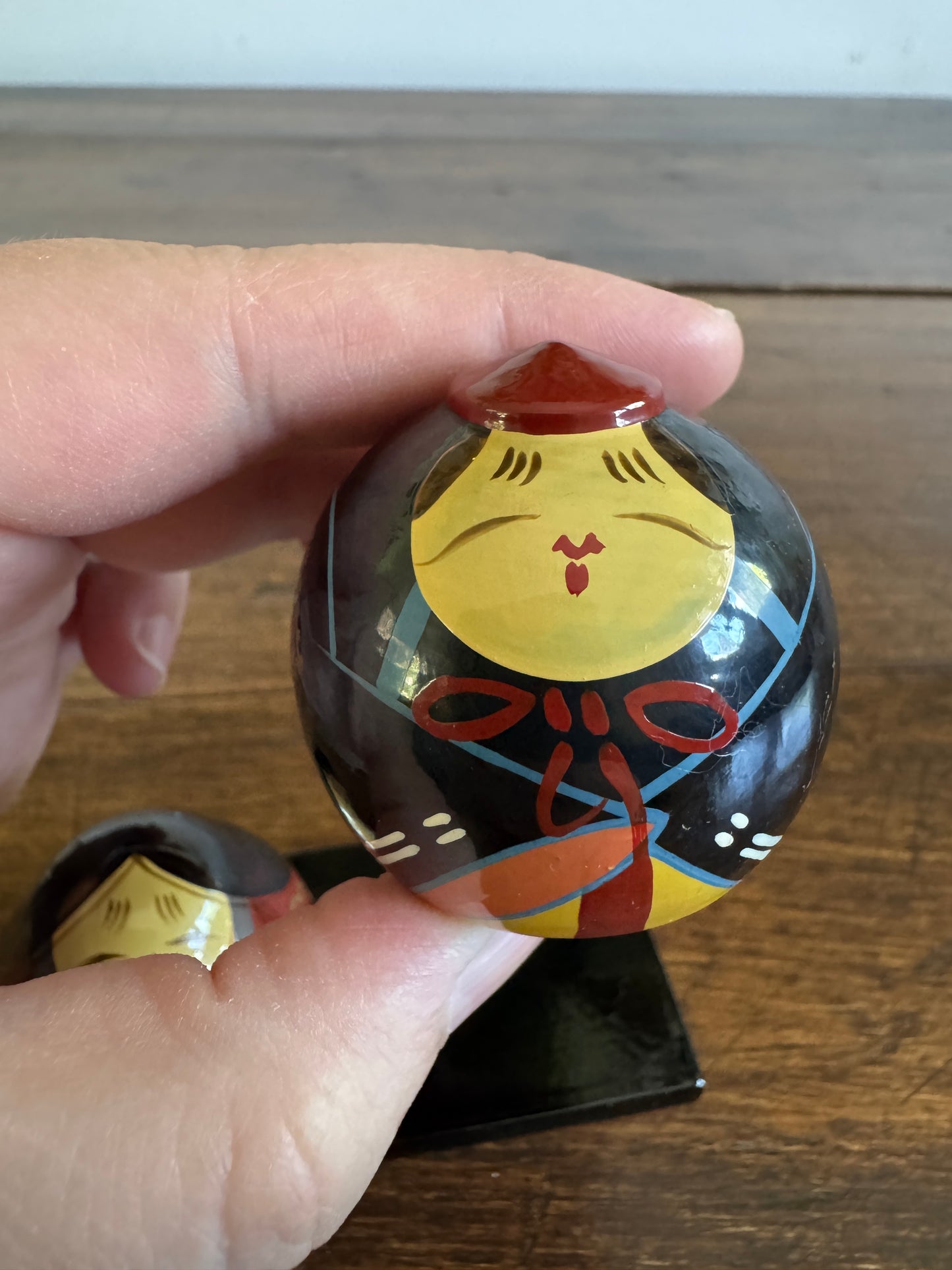 Two Japanese Small Ball Dolls on Base - Ouchi Kokeshi Dolls