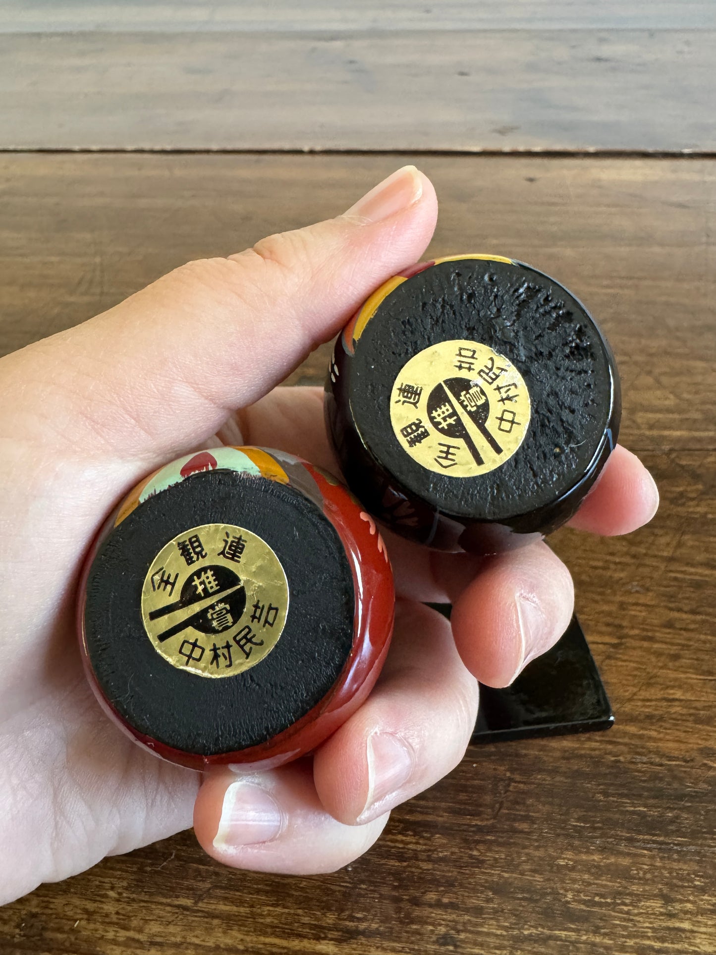 Two Japanese Small Ball Dolls on Base - Ouchi Kokeshi Dolls