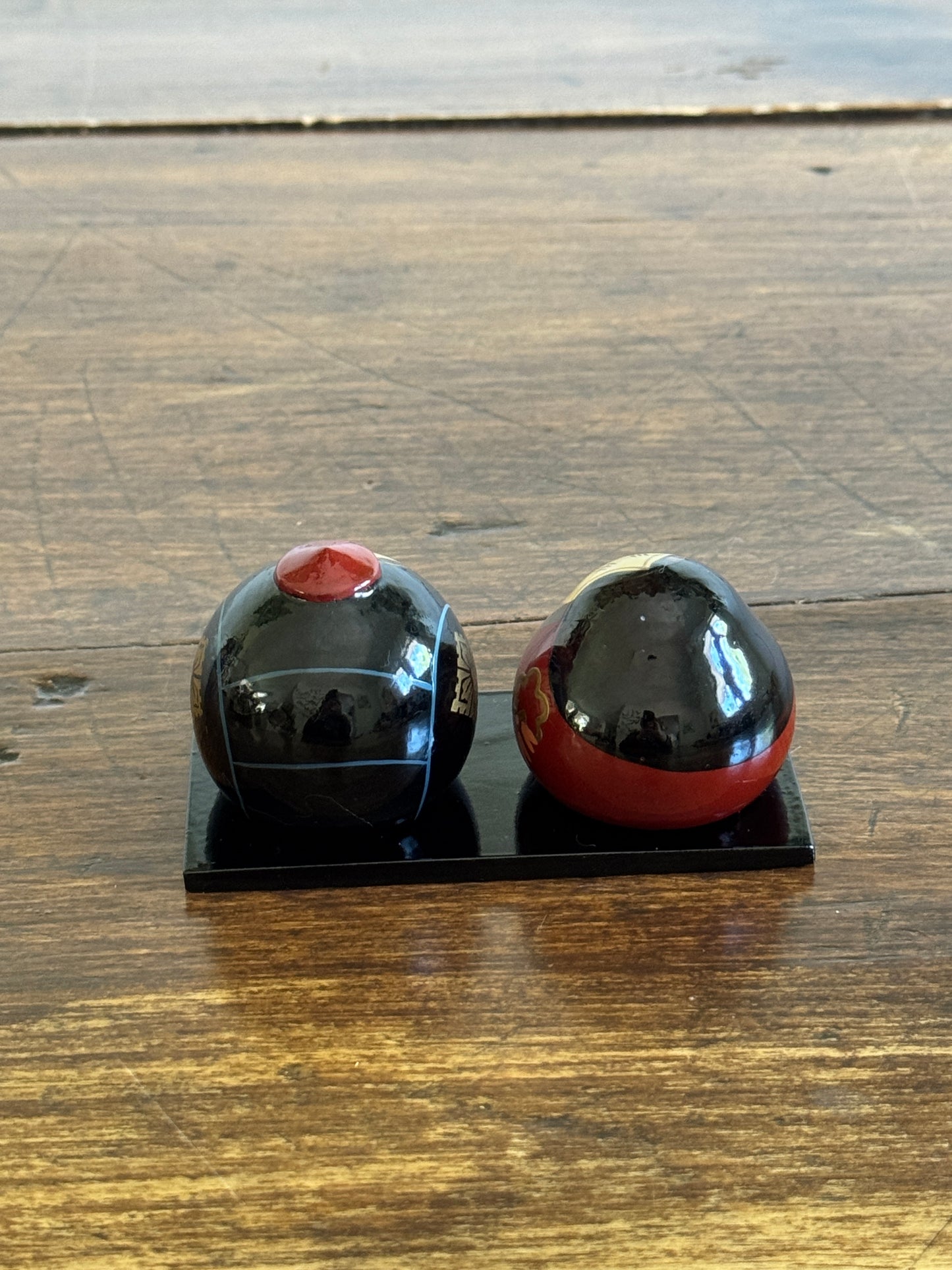Two Japanese Small Ball Dolls on Base - Ouchi Kokeshi Dolls