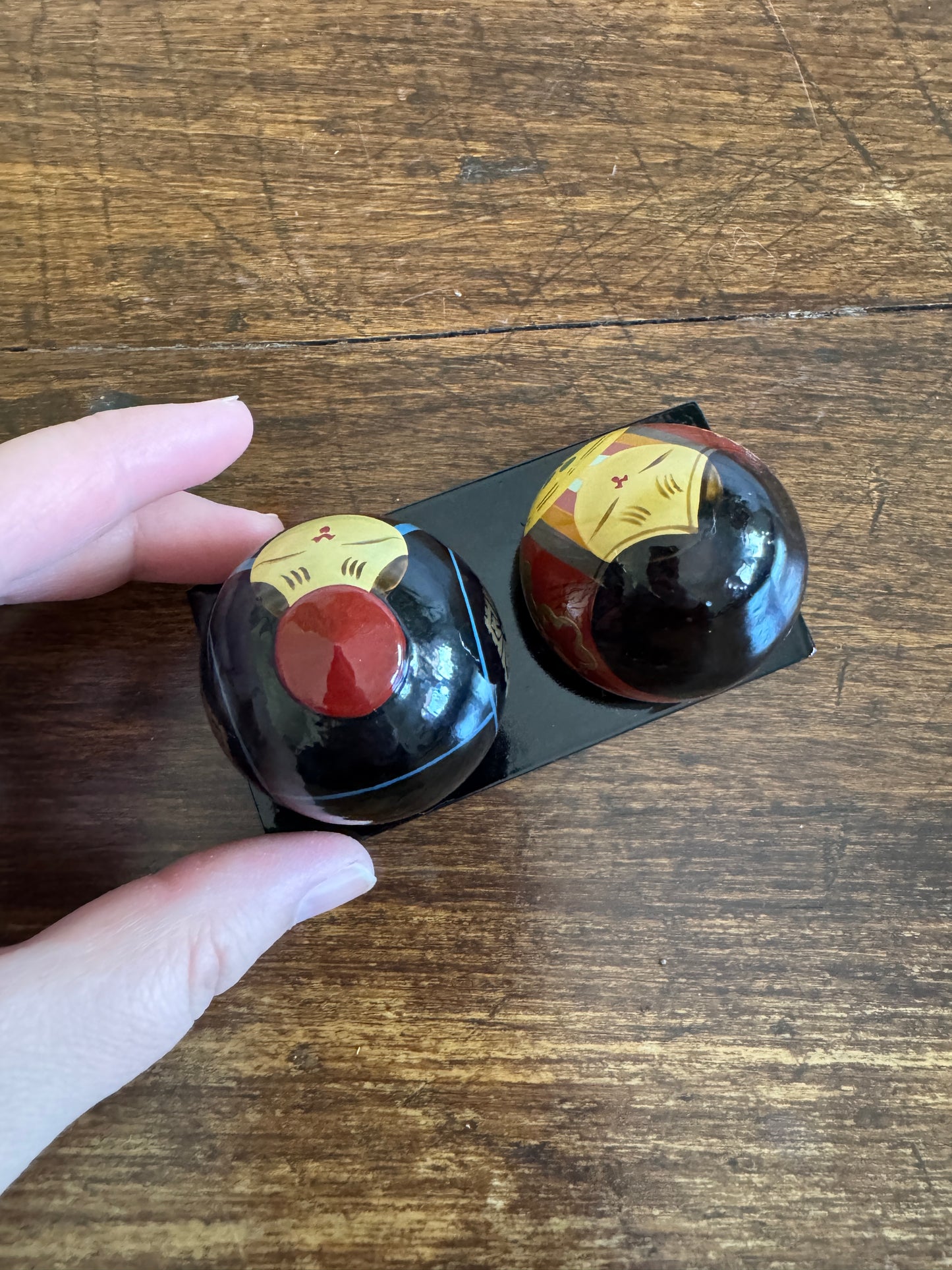 Two Japanese Small Ball Dolls on Base - Ouchi Kokeshi Dolls