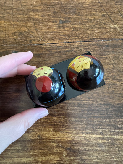 Two Japanese Small Ball Dolls on Base - Ouchi Kokeshi Dolls