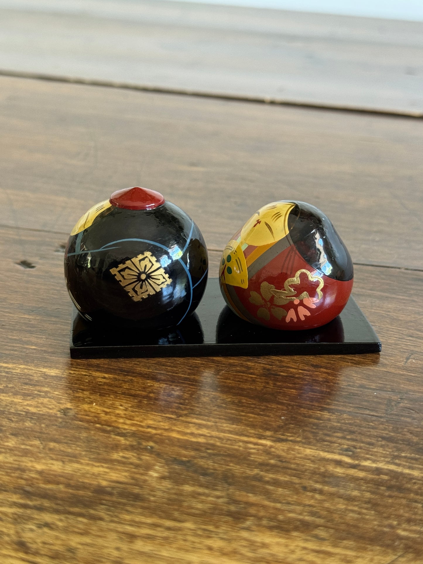 Two Japanese Small Ball Dolls on Base - Ouchi Kokeshi Dolls