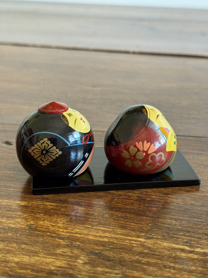 Two Japanese Small Ball Dolls on Base - Ouchi Kokeshi Dolls