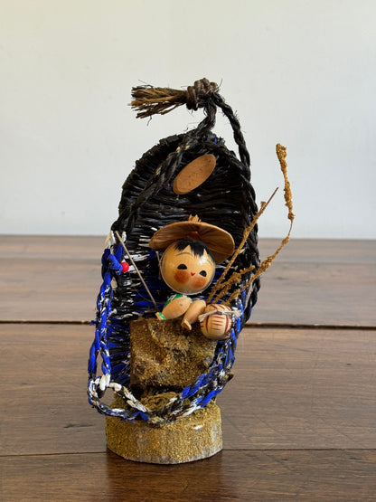 Japanese Fisherman Doll in Woven Scenic Basket Art