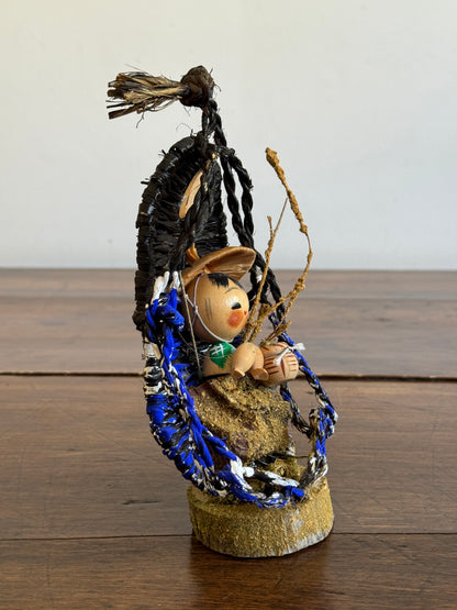 Japanese Fisherman Doll in Woven Scenic Basket Art