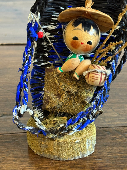 Japanese Fisherman Doll in Woven Scenic Basket Art