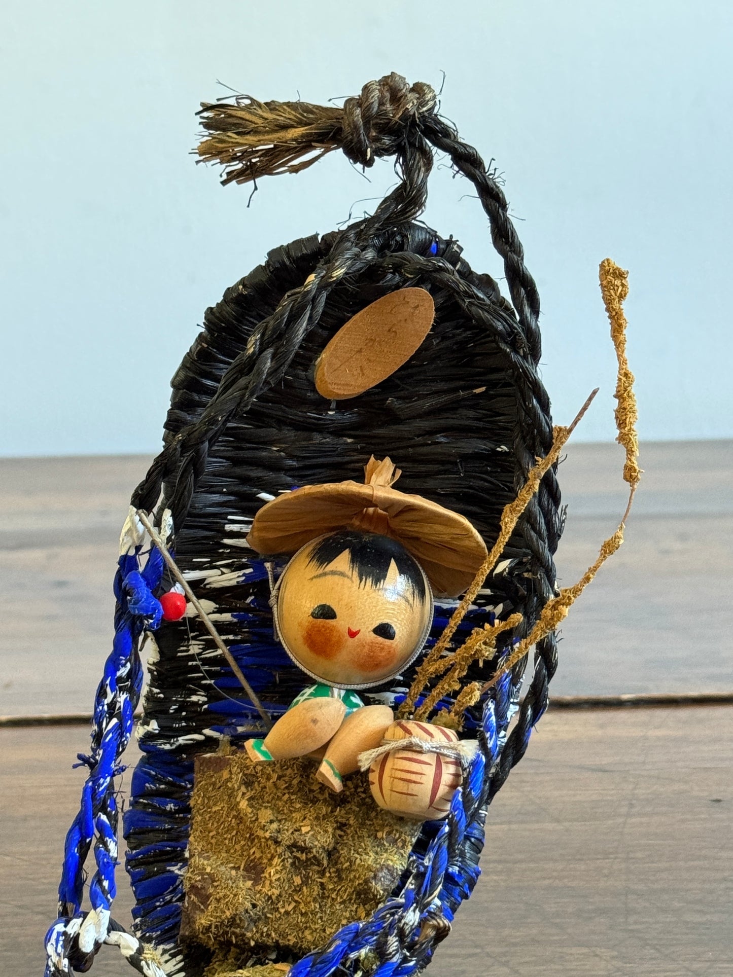 Japanese Fisherman Doll in Woven Scenic Basket Art