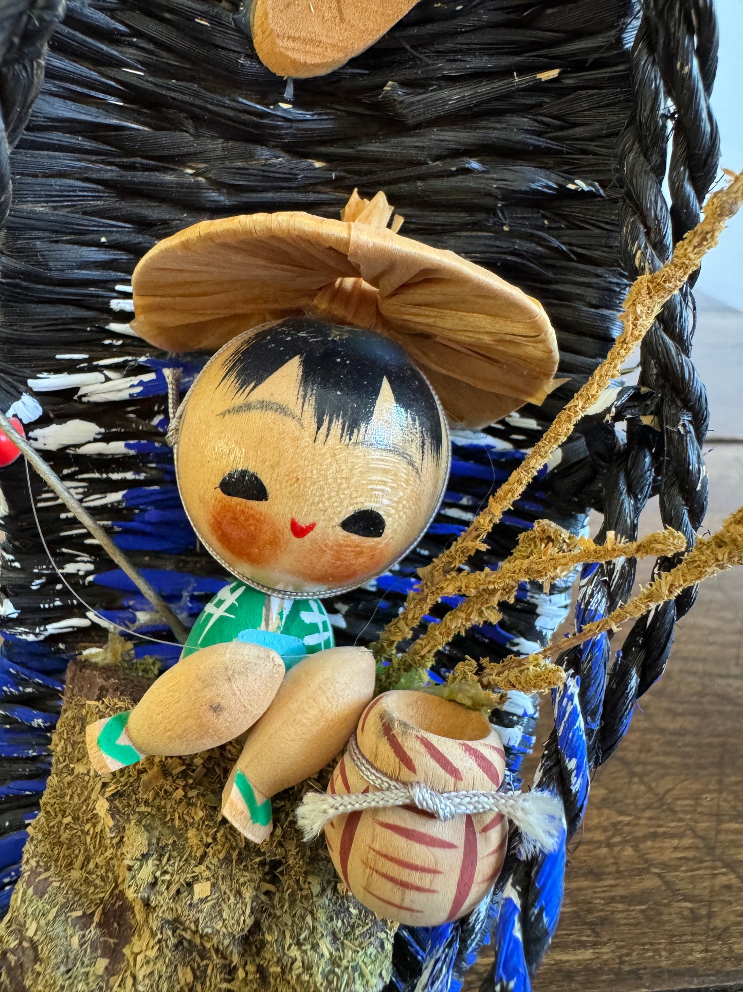Japanese Fisherman Doll in Woven Scenic Basket Art