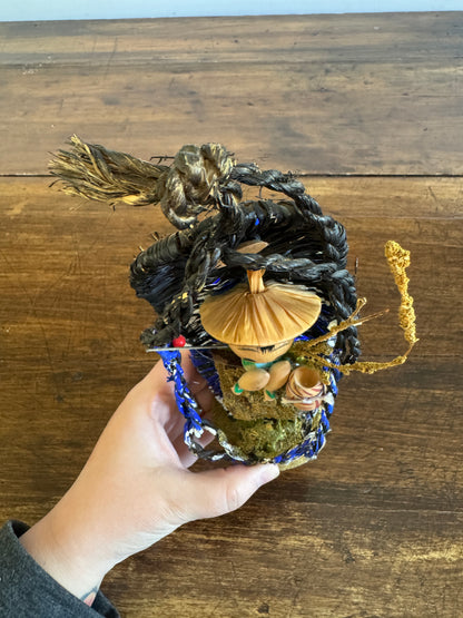 Japanese Fisherman Doll in Woven Scenic Basket Art