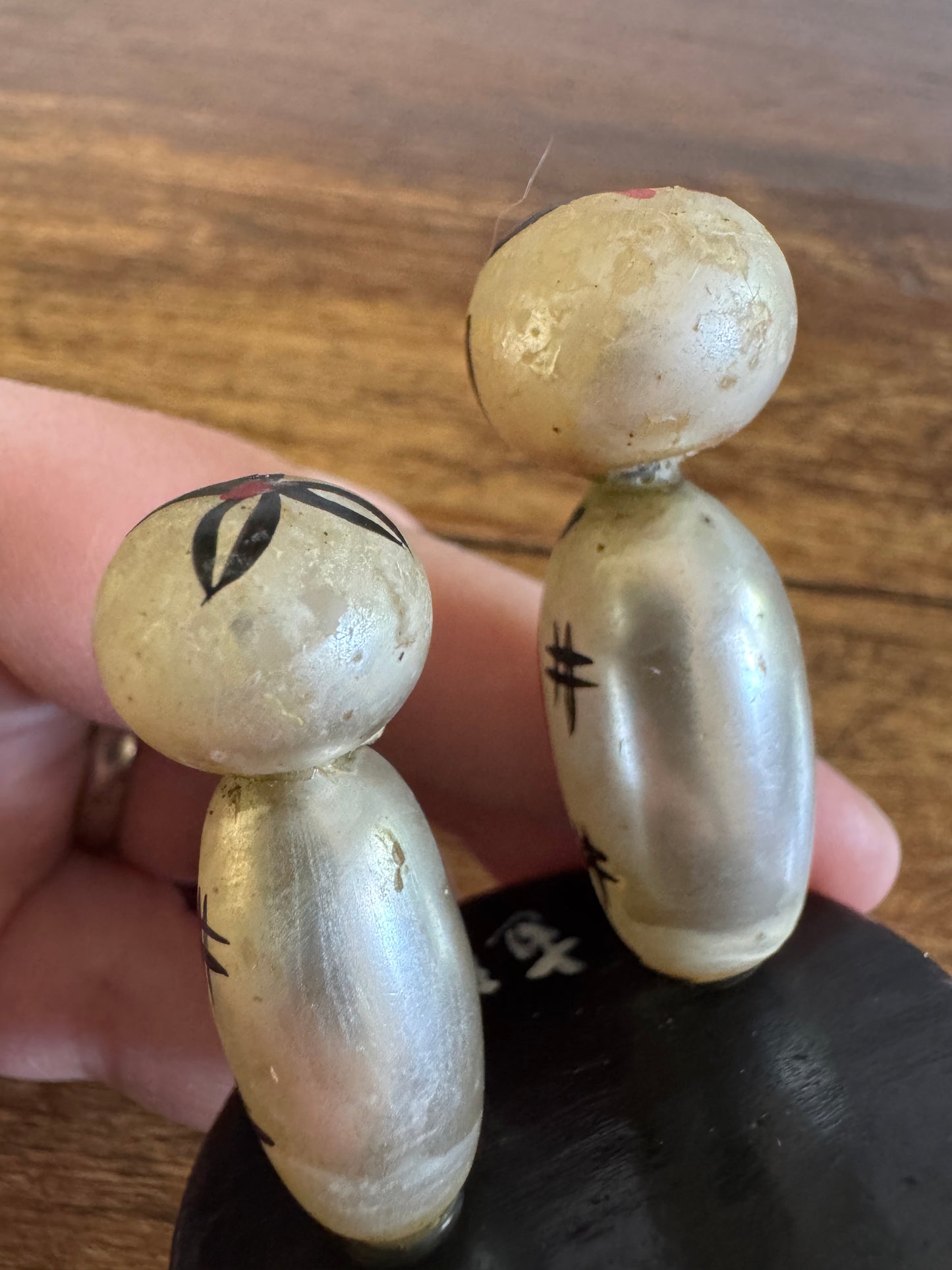 Vintage Miniature Japanese Kokeshi Pearl Dolls on Base