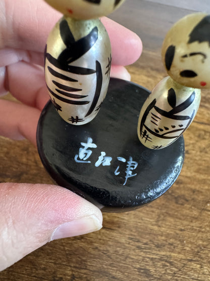 Vintage Miniature Japanese Kokeshi Pearl Dolls on Base
