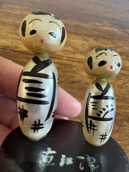 Vintage Miniature Japanese Kokeshi Pearl Dolls on Base