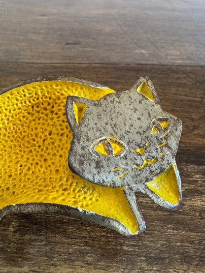 Vintage Yellow Enamel Cat Trinket Dish