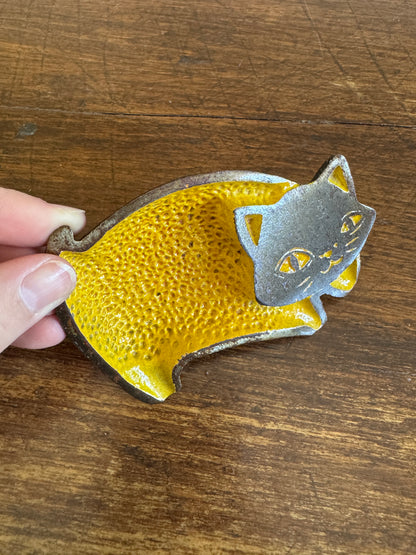 Vintage Yellow Enamel Cat Trinket Dish