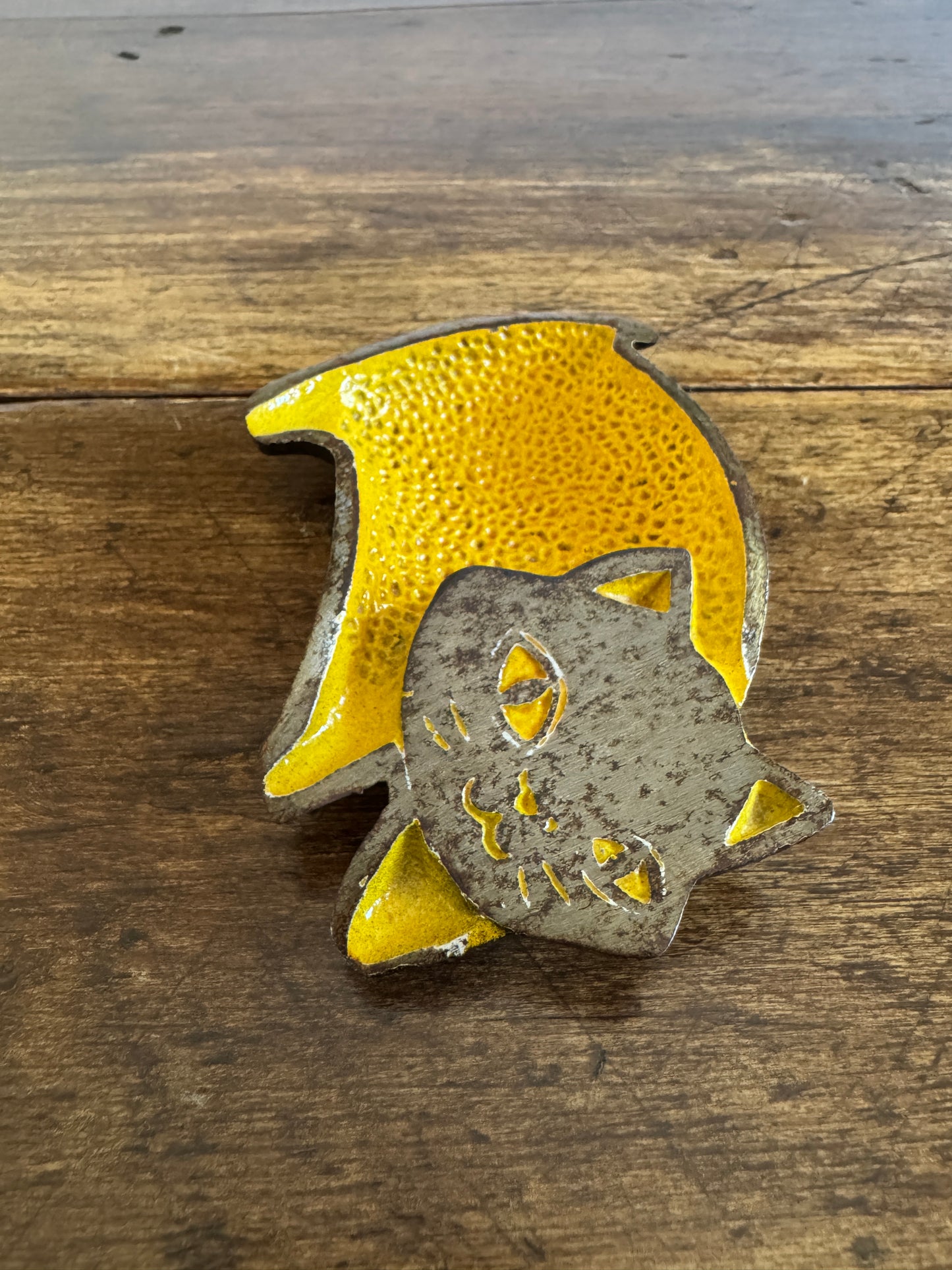 Vintage Yellow Enamel Cat Trinket Dish
