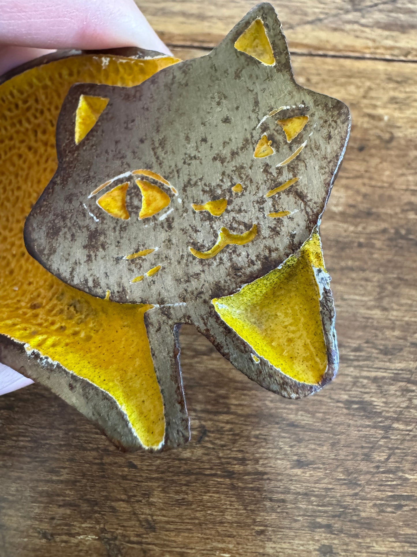 Vintage Yellow Enamel Cat Trinket Dish