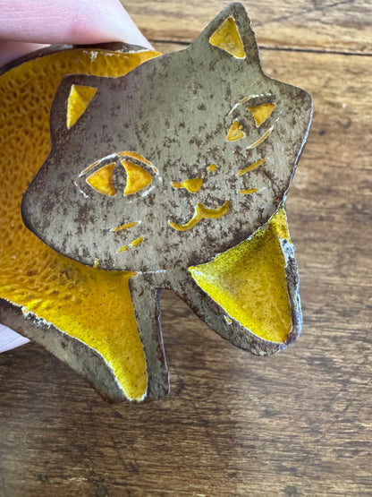 Vintage Yellow Enamel Cat Trinket Dish