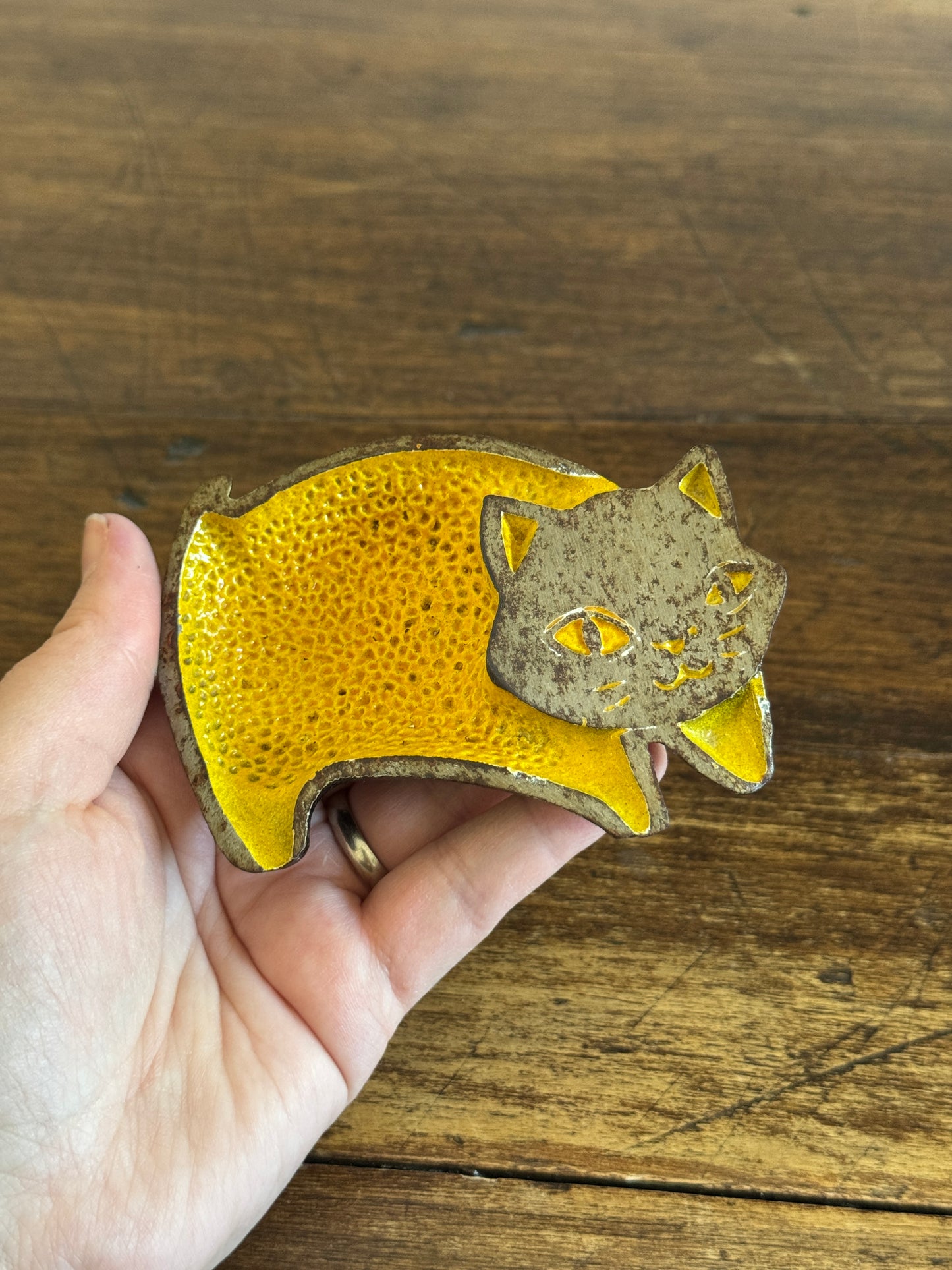 Vintage Yellow Enamel Cat Trinket Dish