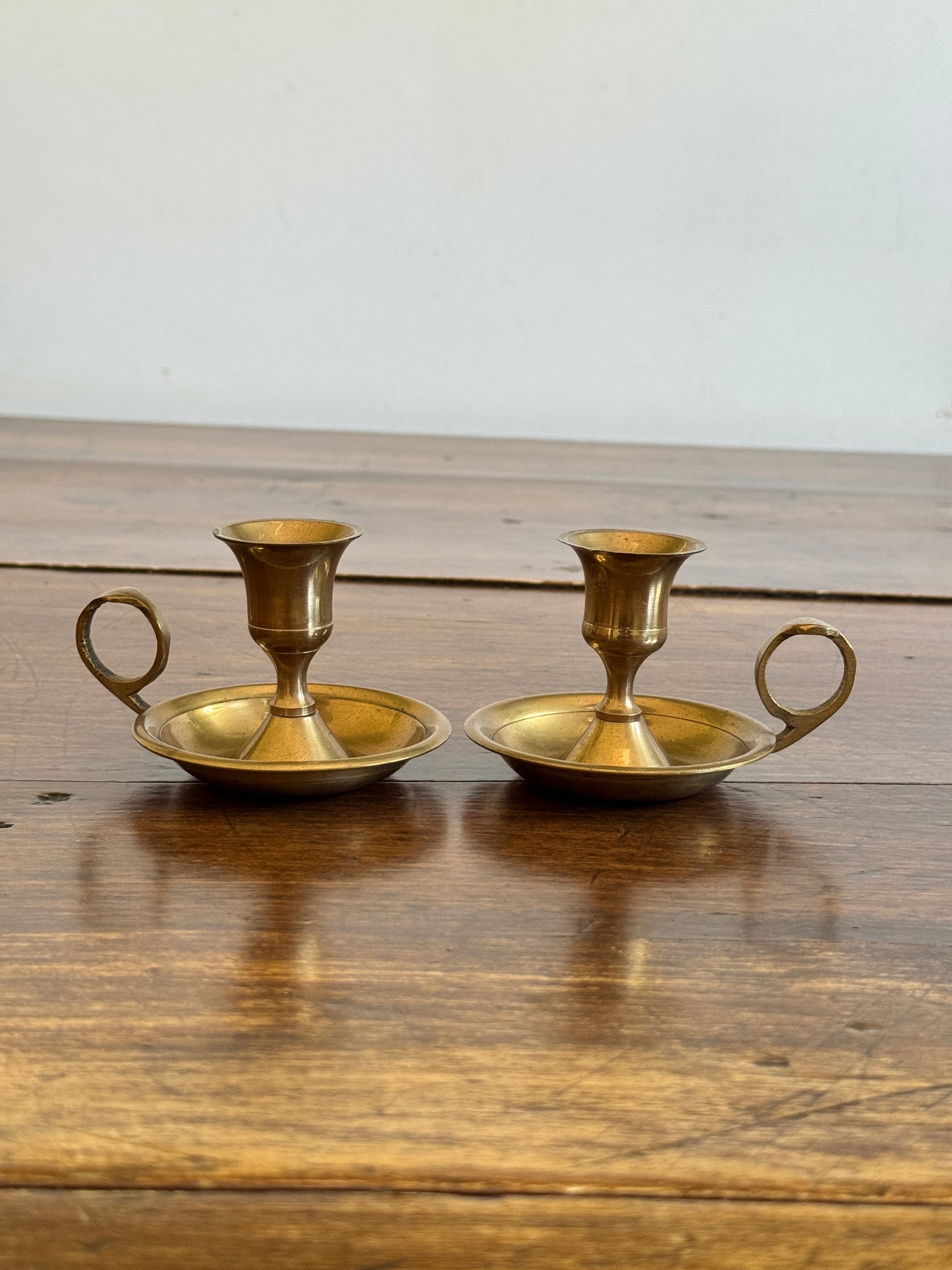 Vintage Pair of Brass Candle Holders with Finger Loop