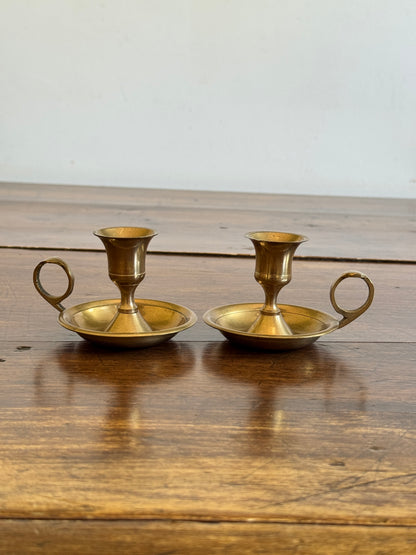Vintage Pair of Brass Candle Holders with Finger Loop