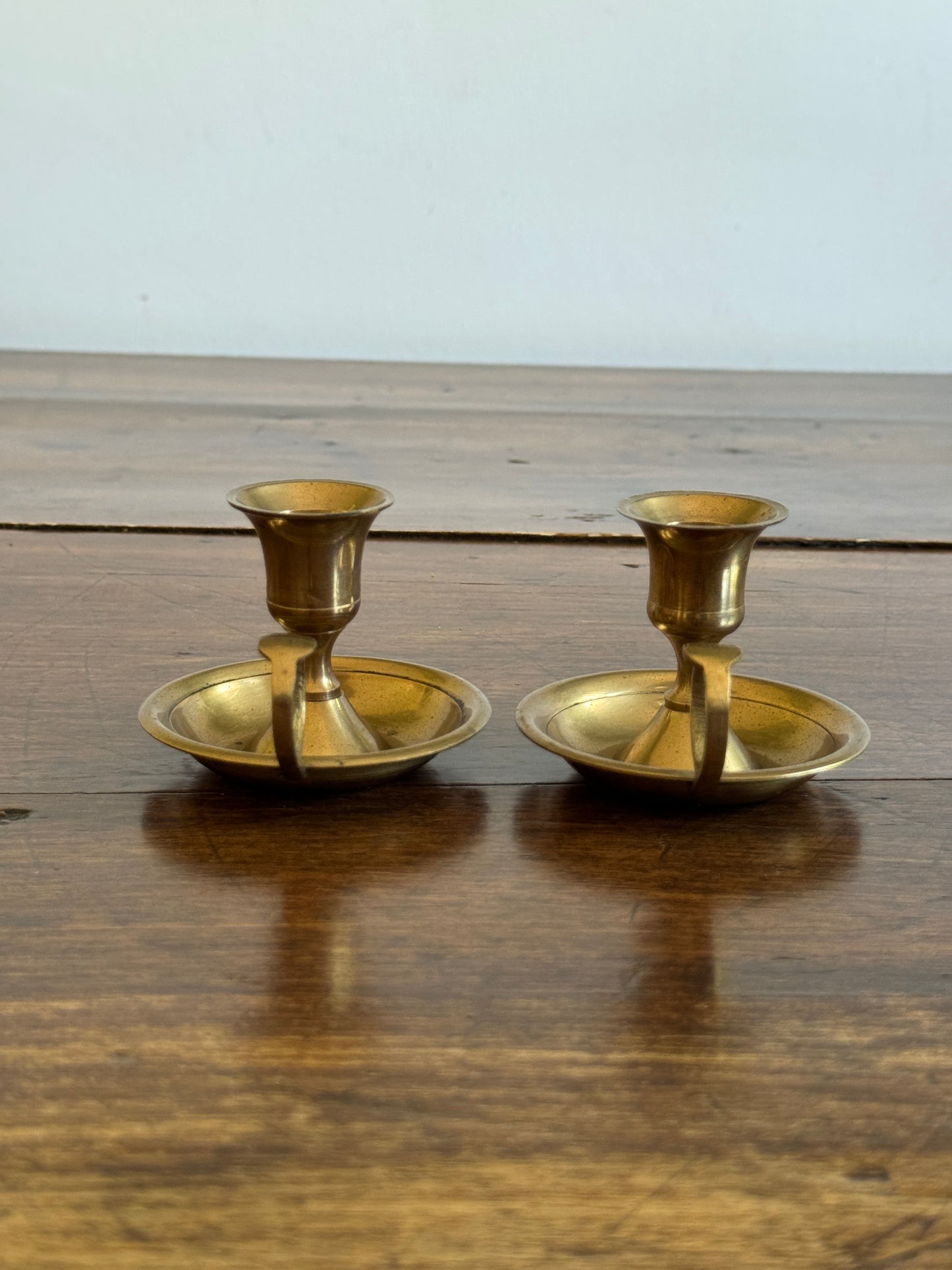 Vintage Pair of Brass Candle Holders with Finger Loop