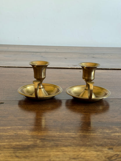 Vintage Pair of Brass Candle Holders with Finger Loop