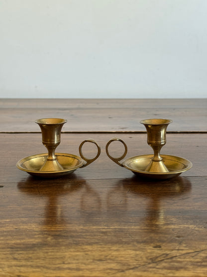 Vintage Pair of Brass Candle Holders with Finger Loop