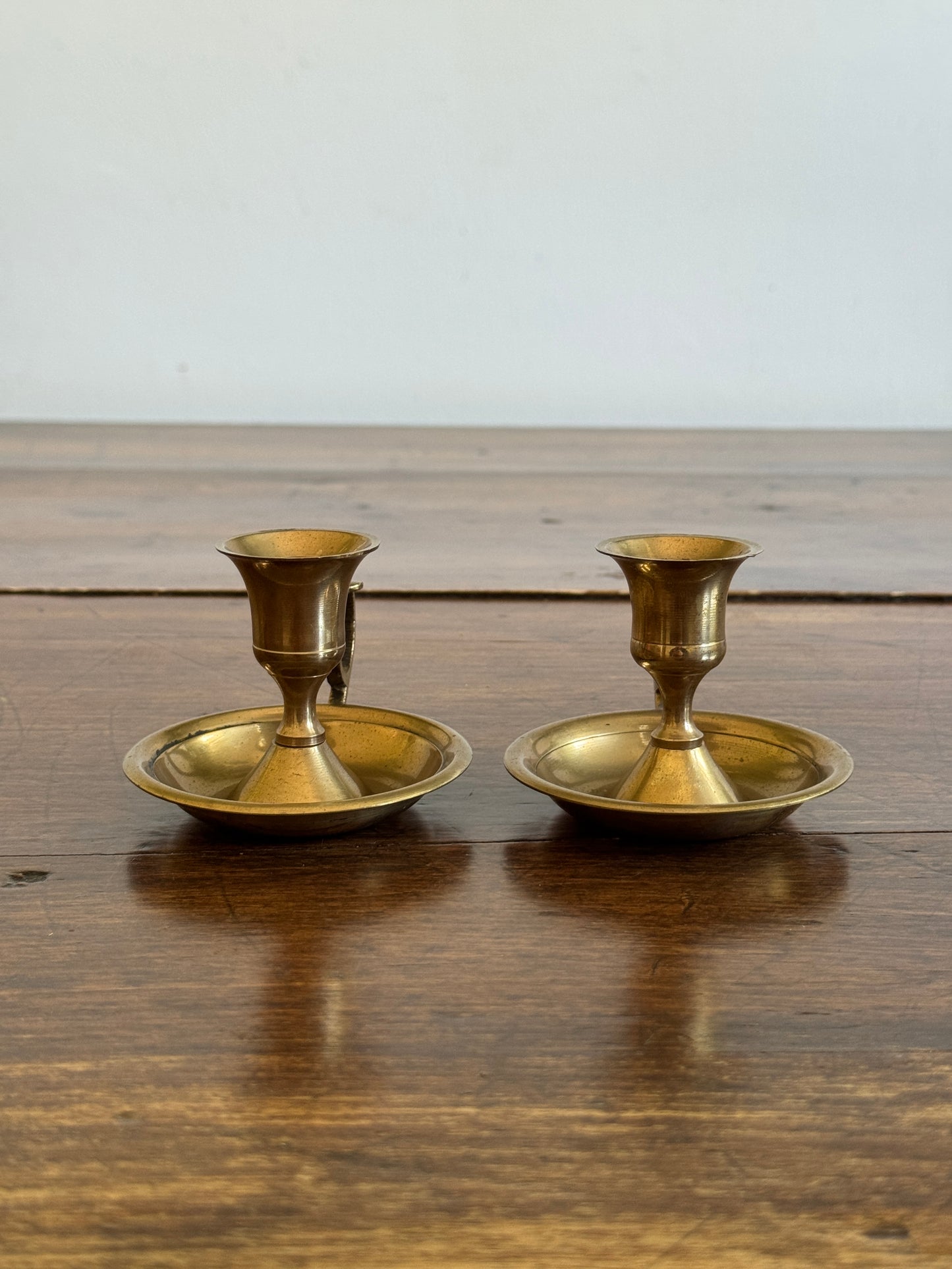 Vintage Pair of Brass Candle Holders with Finger Loop