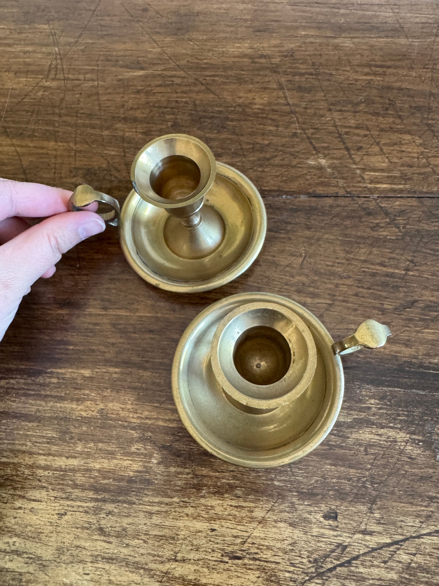Vintage Pair of Brass Candle Holders with Finger Loop