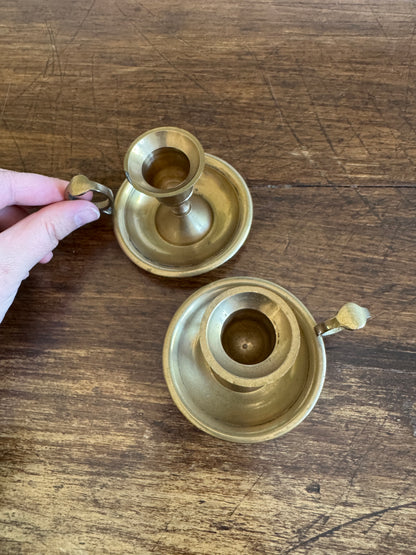 Vintage Pair of Brass Candle Holders with Finger Loop