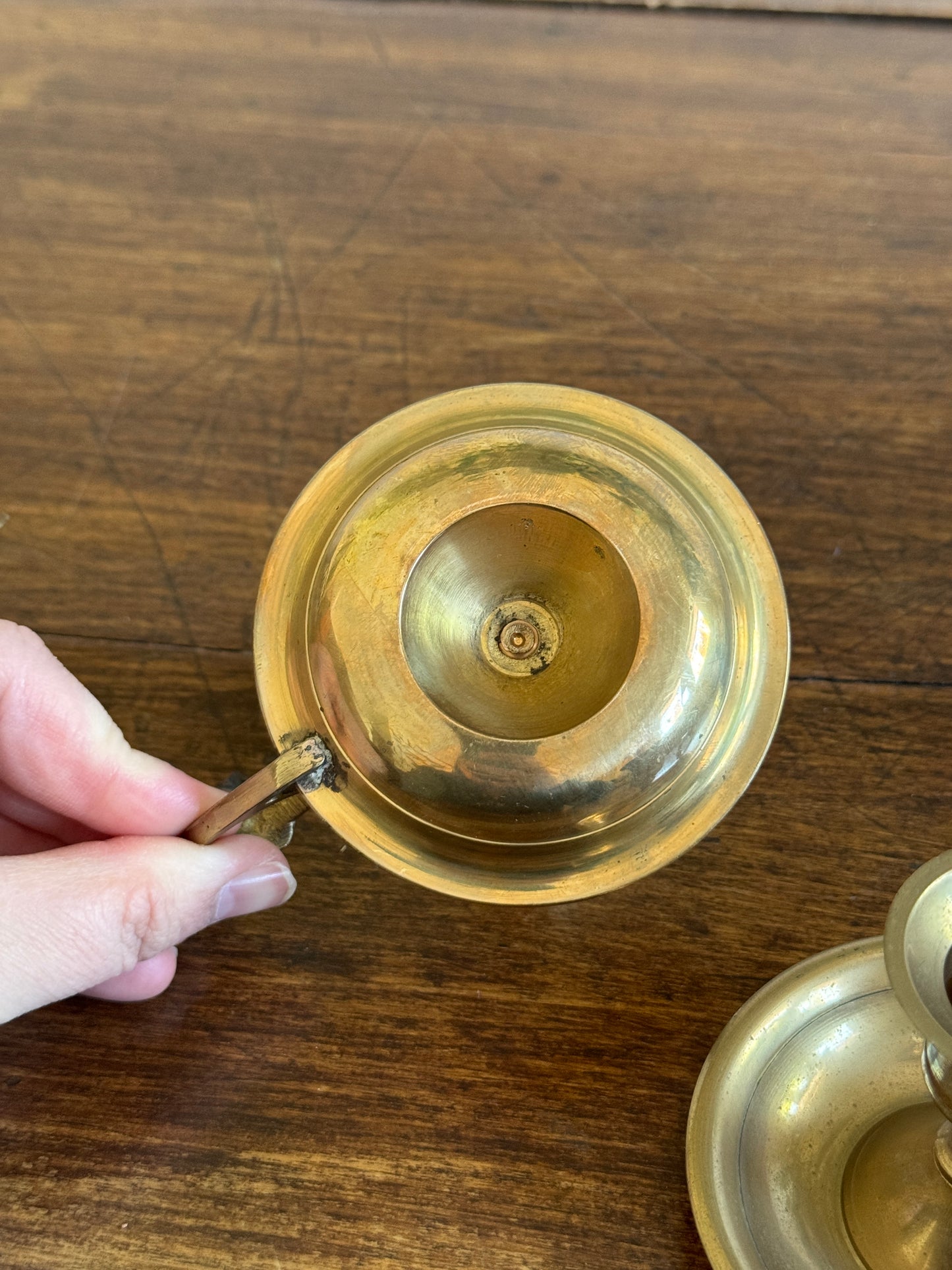 Vintage Pair of Brass Candle Holders with Finger Loop