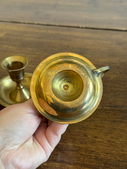 Vintage Pair of Brass Candle Holders with Finger Loop