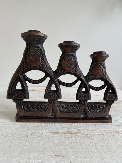 Vintage Matryoshka Candle Holder - Soviet Iron Candelabra with Three Dolls