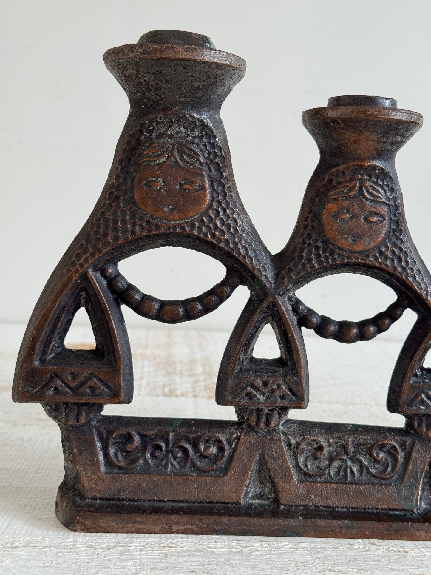 Vintage Matryoshka Candle Holder - Soviet Iron Candelabra with Three Dolls