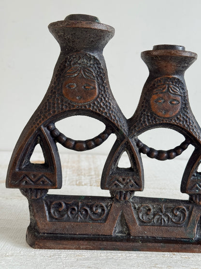 Vintage Matryoshka Candle Holder - Soviet Iron Candelabra with Three Dolls