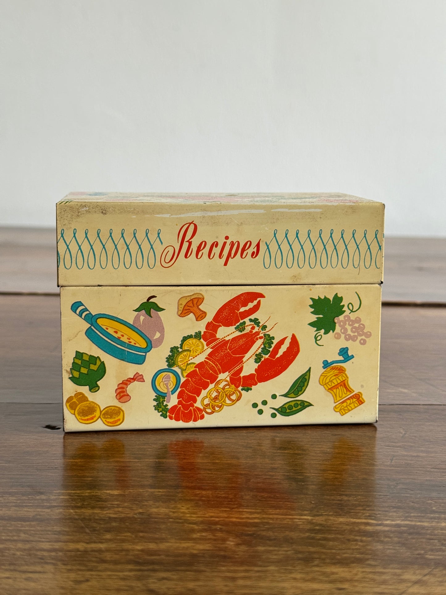 Vintage Metal Lobster and Kitchen Print Recipe Card Holder with Inserts