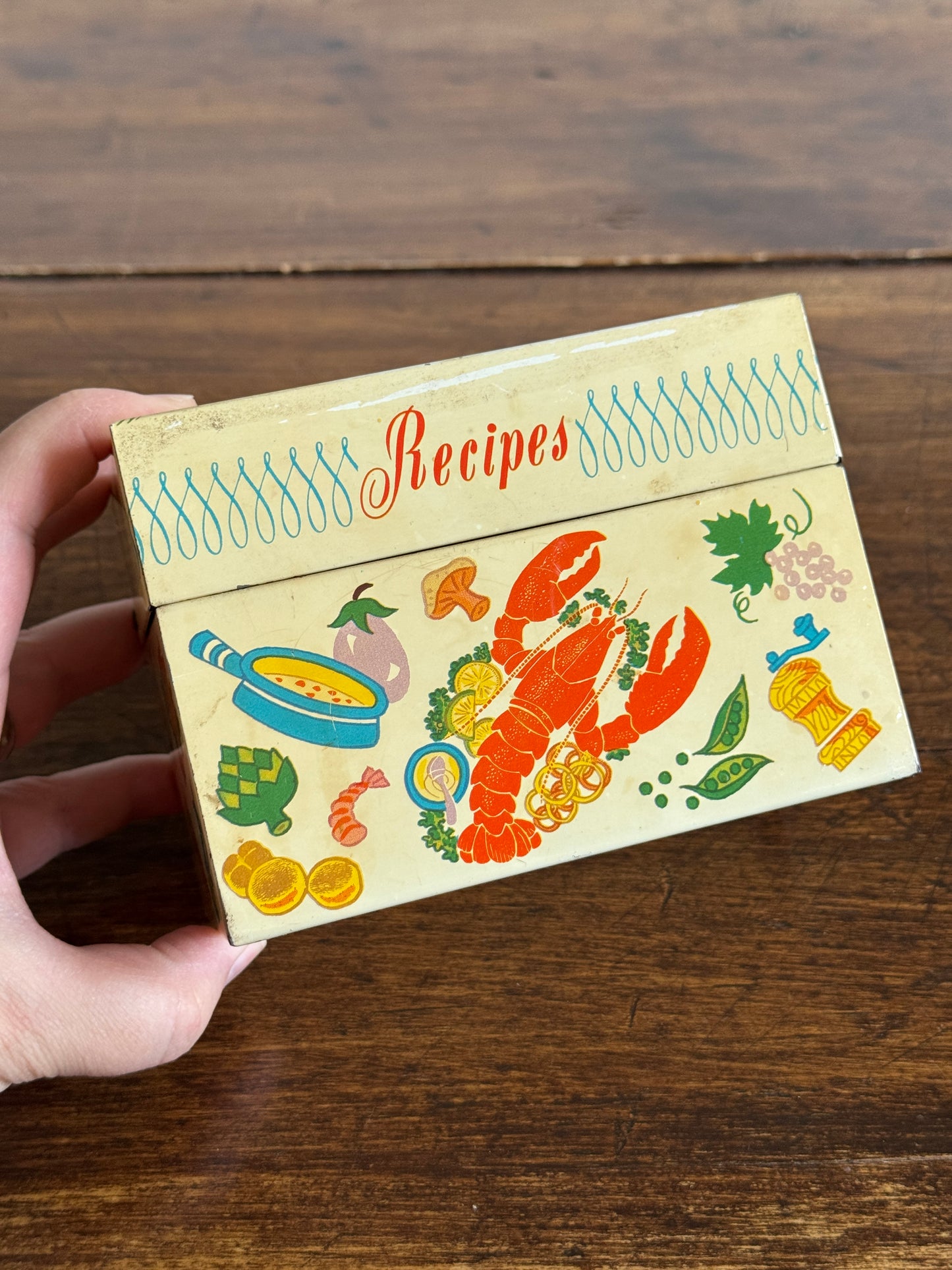 Vintage Metal Lobster and Kitchen Print Recipe Card Holder with Inserts