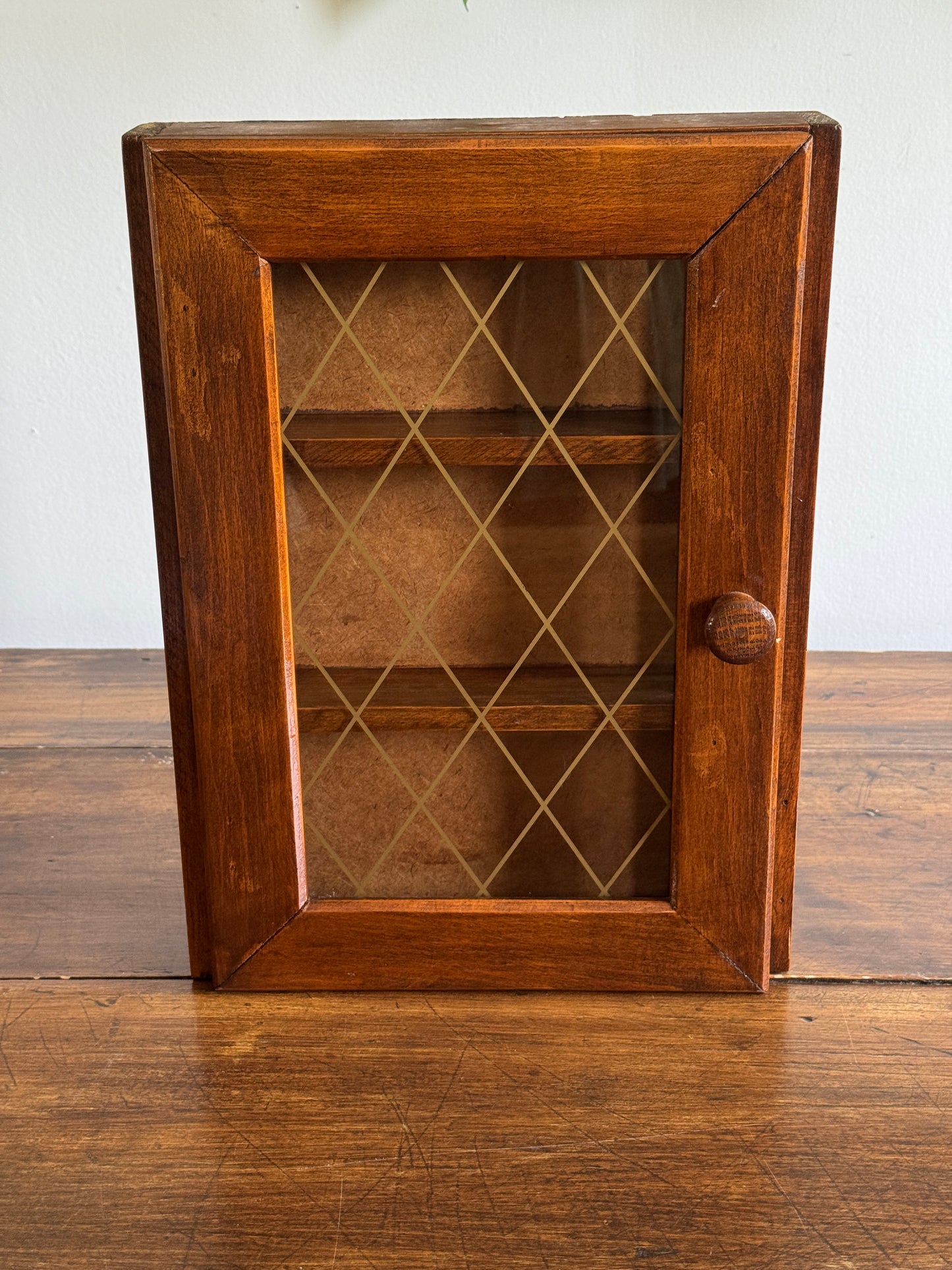 Vintage Shallow Wood and Glass Shelf with Multi Levels and Door