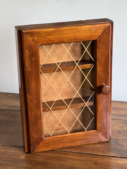 Vintage Shallow Wood and Glass Shelf with Multi Levels and Door