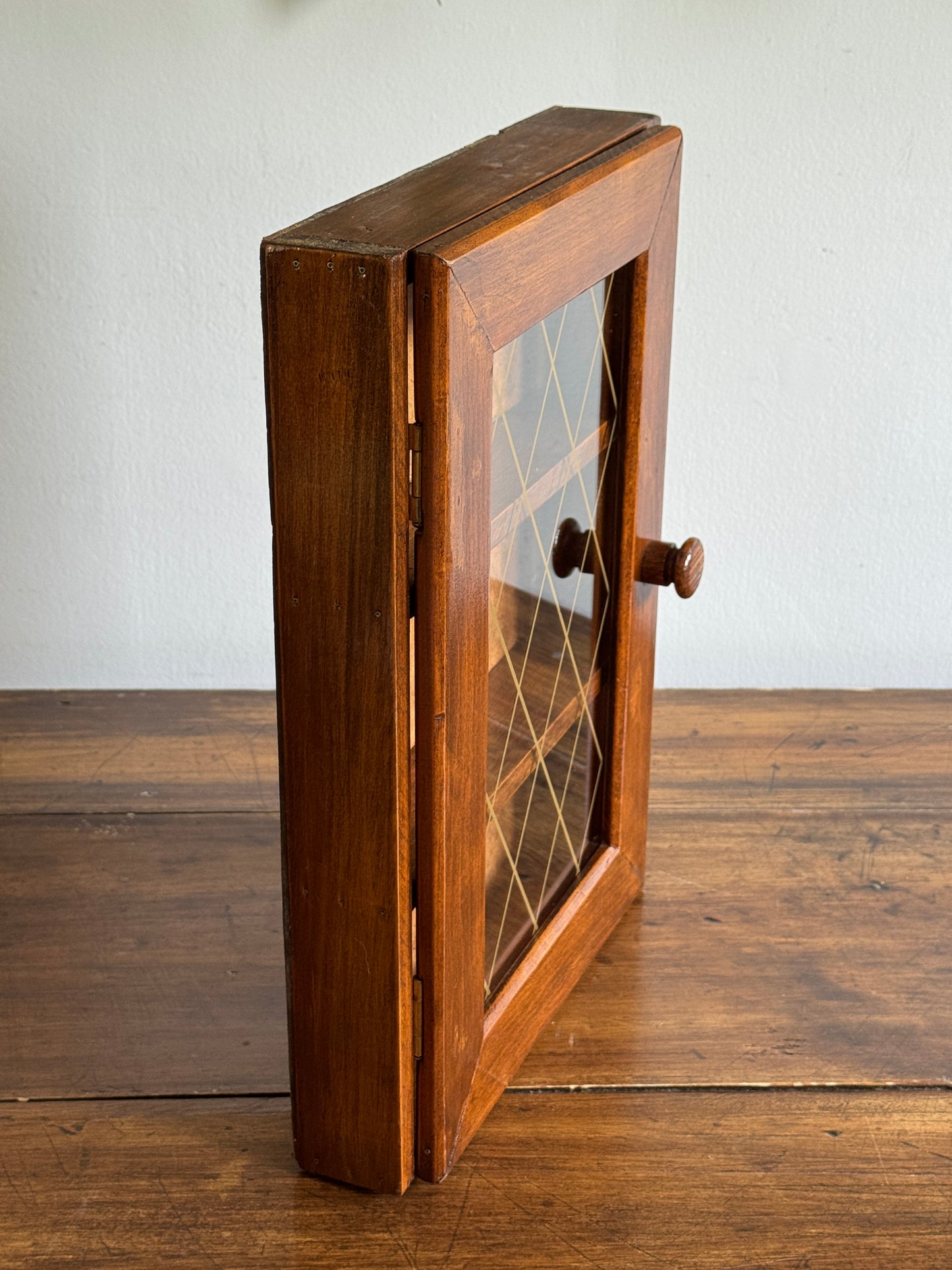 Vintage Shallow Wood and Glass Shelf with Multi Levels and Door