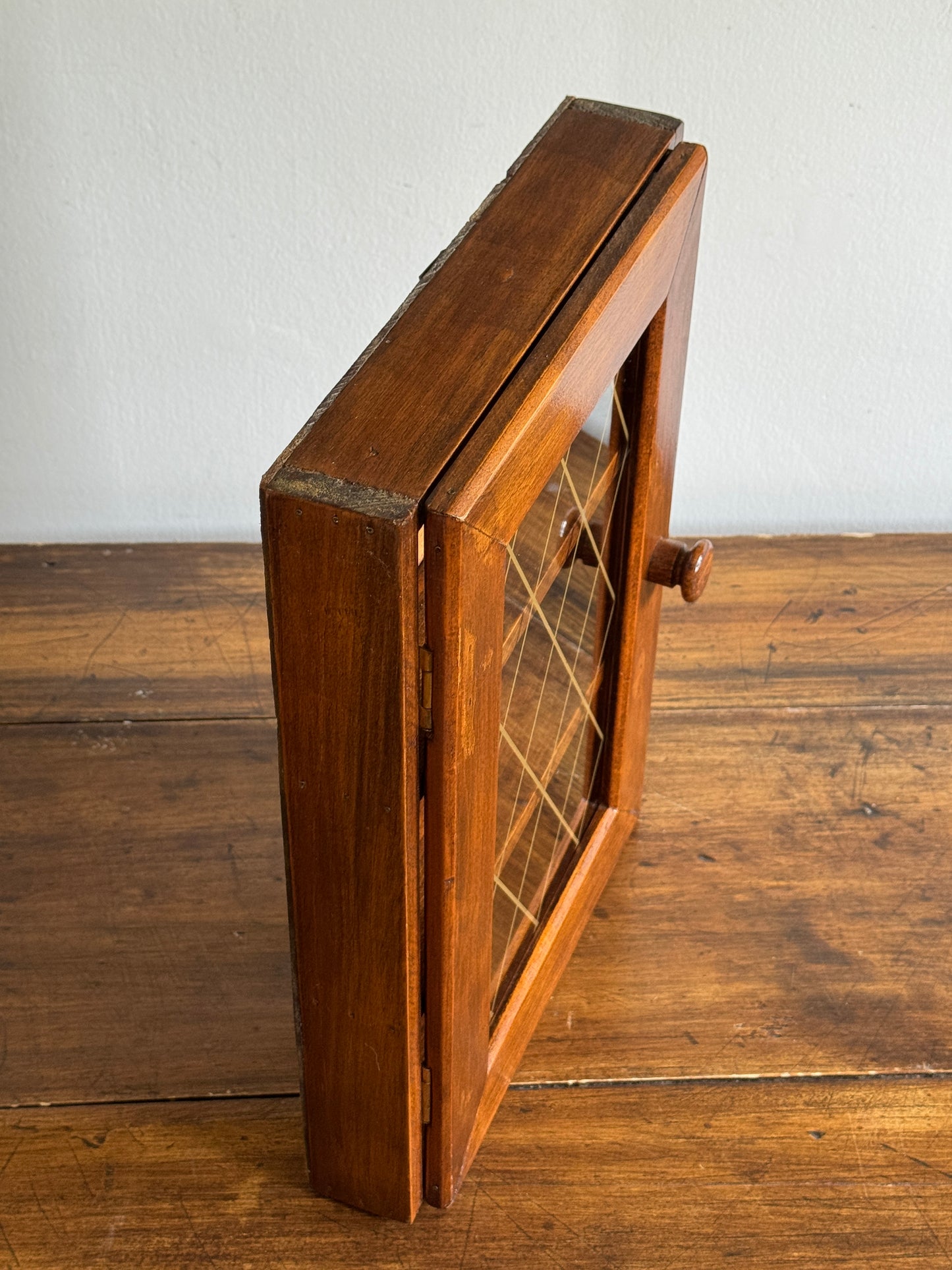 Vintage Shallow Wood and Glass Shelf with Multi Levels and Door