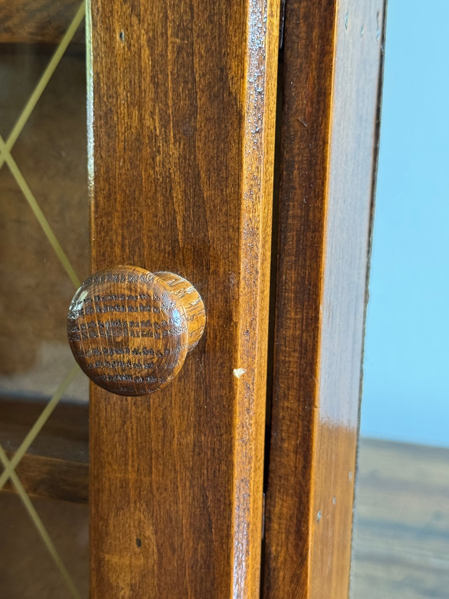 Vintage Shallow Wood and Glass Shelf with Multi Levels and Door