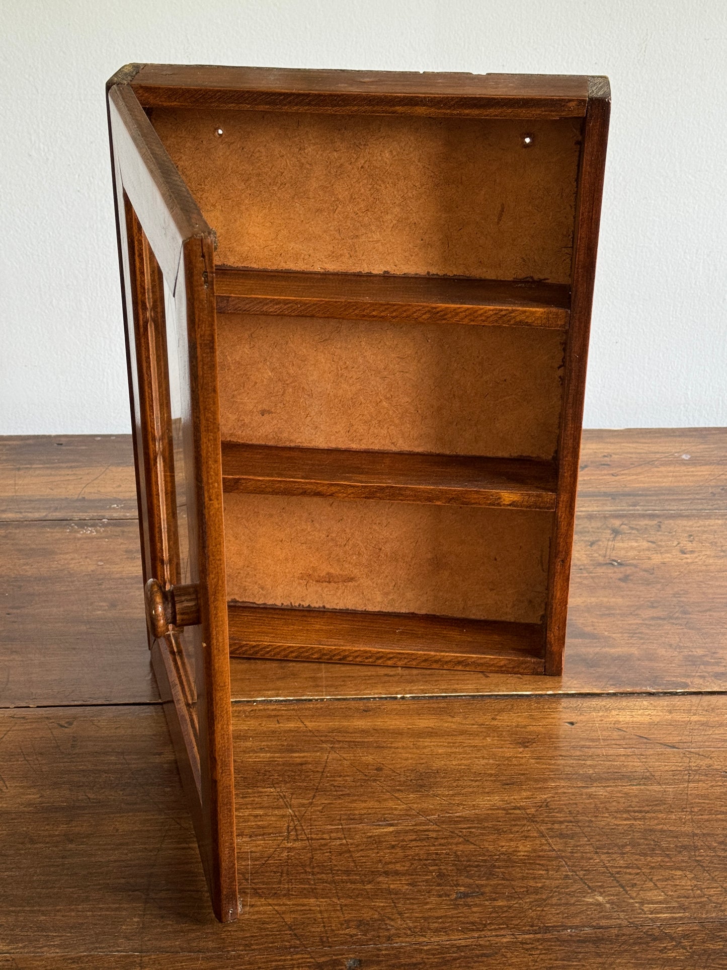 Vintage Shallow Wood and Glass Shelf with Multi Levels and Door