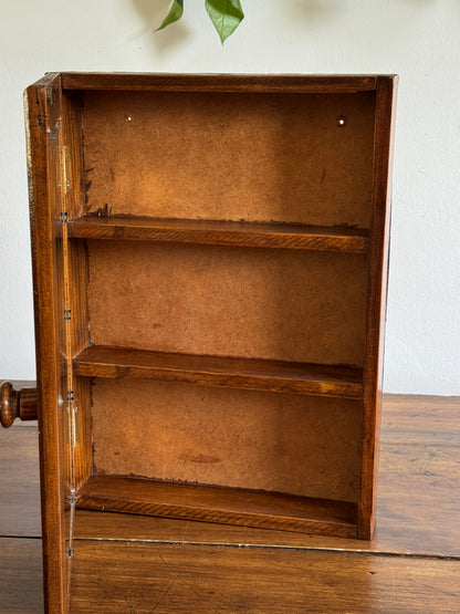 Vintage Shallow Wood and Glass Shelf with Multi Levels and Door
