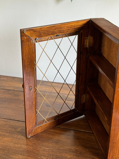 Vintage Shallow Wood and Glass Shelf with Multi Levels and Door