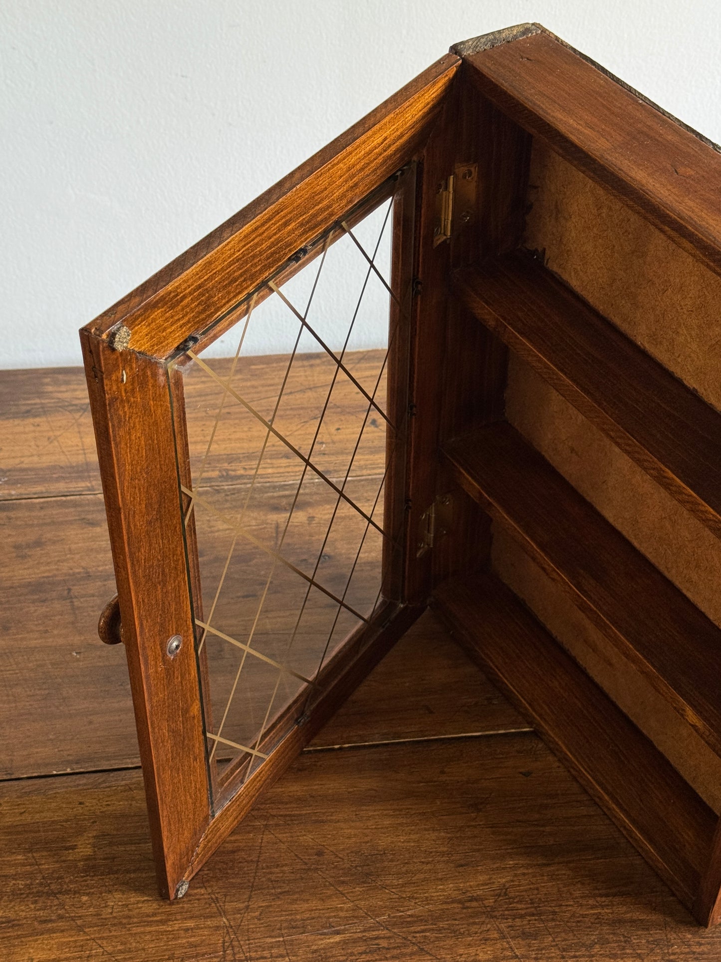 Vintage Shallow Wood and Glass Shelf with Multi Levels and Door