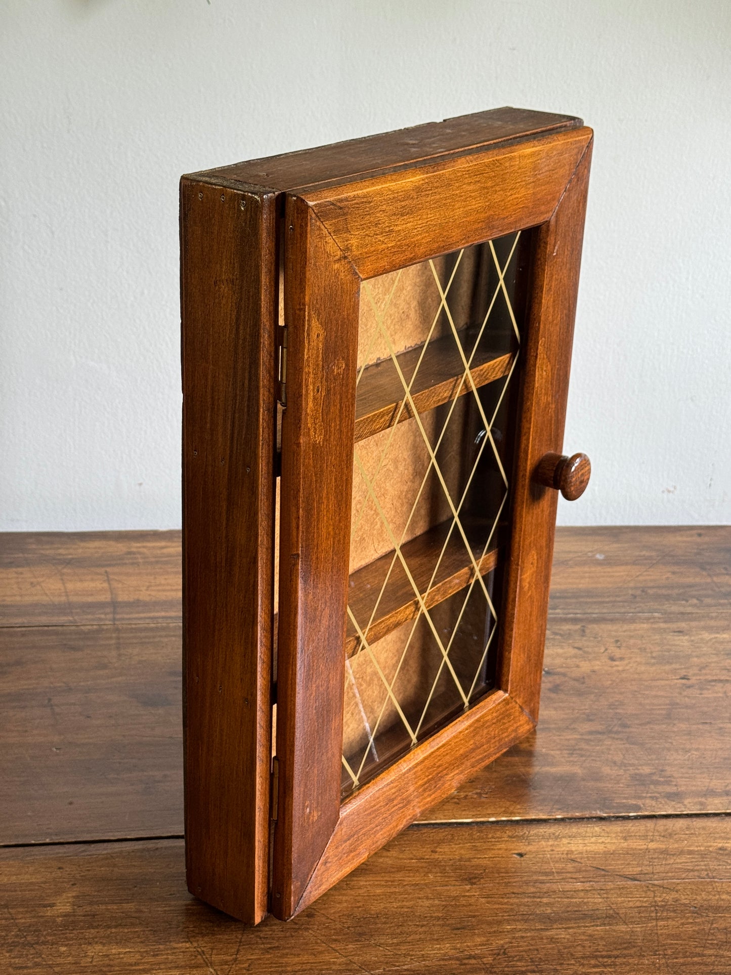 Vintage Shallow Wood and Glass Shelf with Multi Levels and Door
