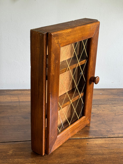 Vintage Shallow Wood and Glass Shelf with Multi Levels and Door