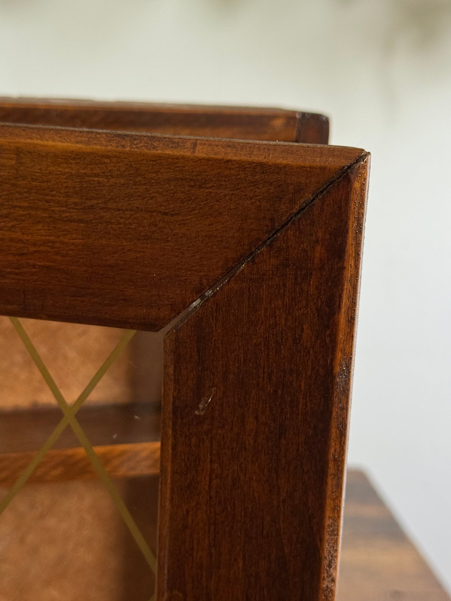 Vintage Shallow Wood and Glass Shelf with Multi Levels and Door